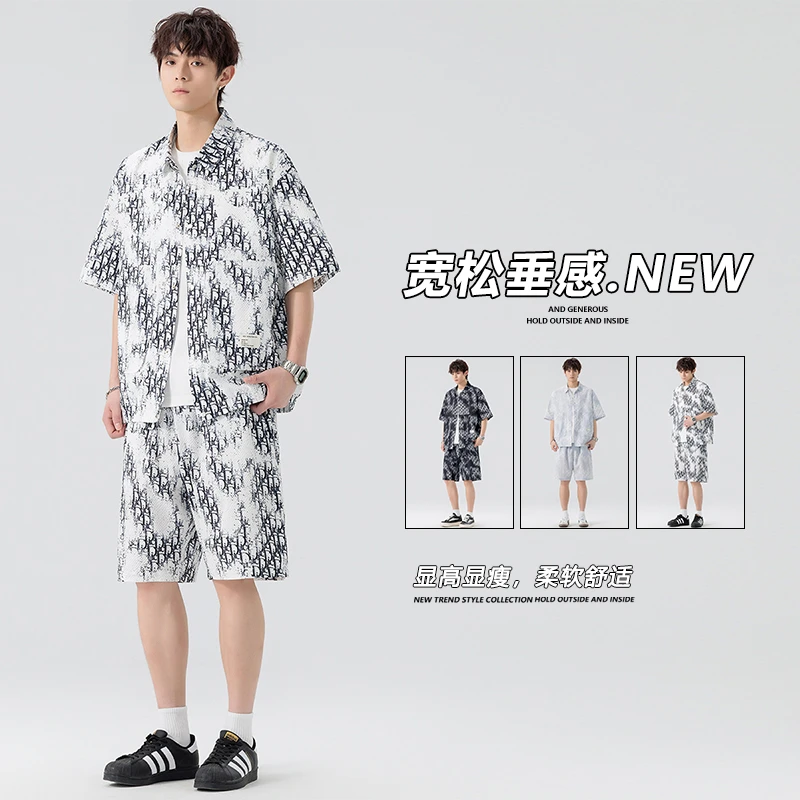 2025夏季新款套装潮流宽松短袖男士潮牌简约舒适上衣短裤男款夏季