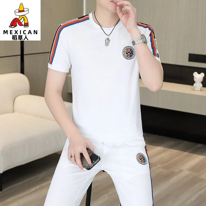 稻草人新款2025夏季优质休闲薄款短袖长裤套装男士潮流时尚两件套