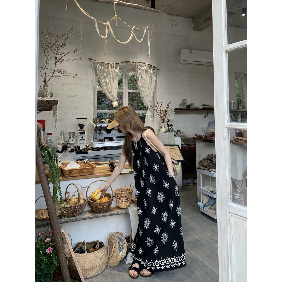 实价甜美慵懒小众设计感工艺提花吊带过膝长裙碎花长款连衣裙ins