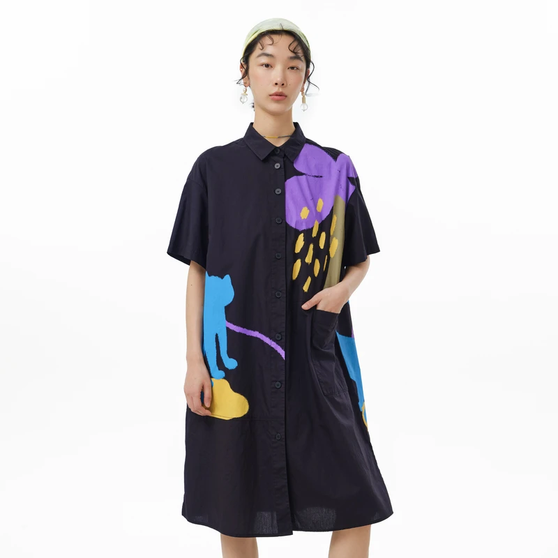 MOVEUP幻走2025夏季新款.FUN 趣味印花大贴袋梭织连衣裙325221315