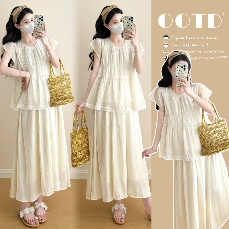 孕妇装2025新款夏季潮妈上衣半身裙套装时尚法式孕妈高级穿搭夏装