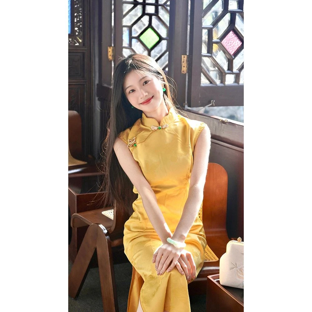 【9648】黄色金榜题名改良旗袍年轻款高端气质无袖连衣裙送考