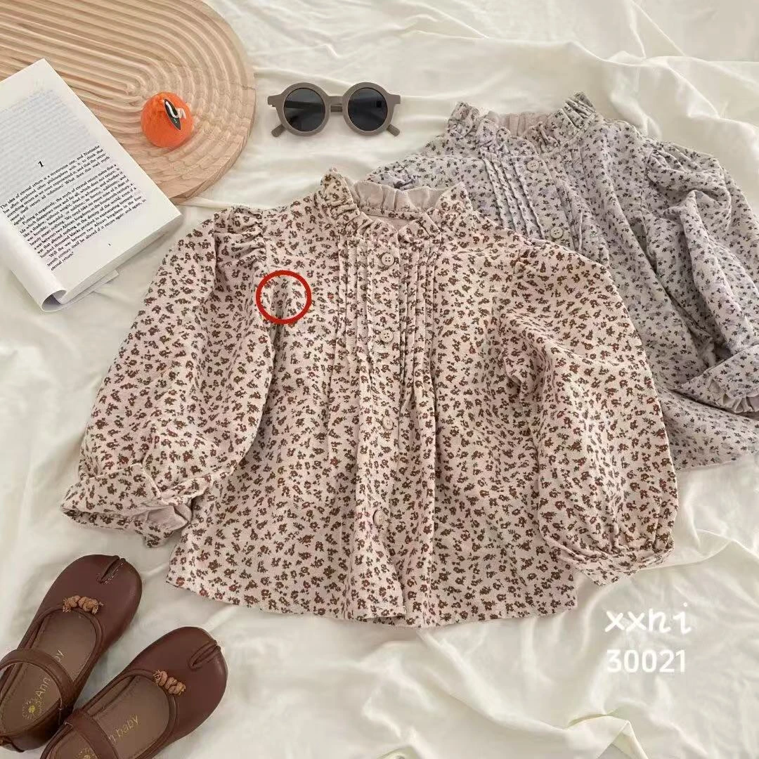 小熊妮女童春秋碎花衬衫花边领上衣 30021 桔花