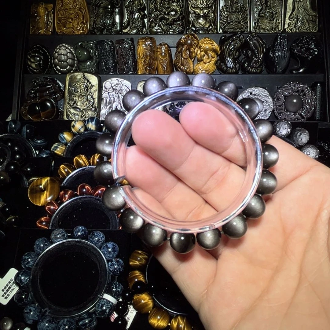 未镶嵌黑曜岩手链A****i天然银曜石双面圆眼10m