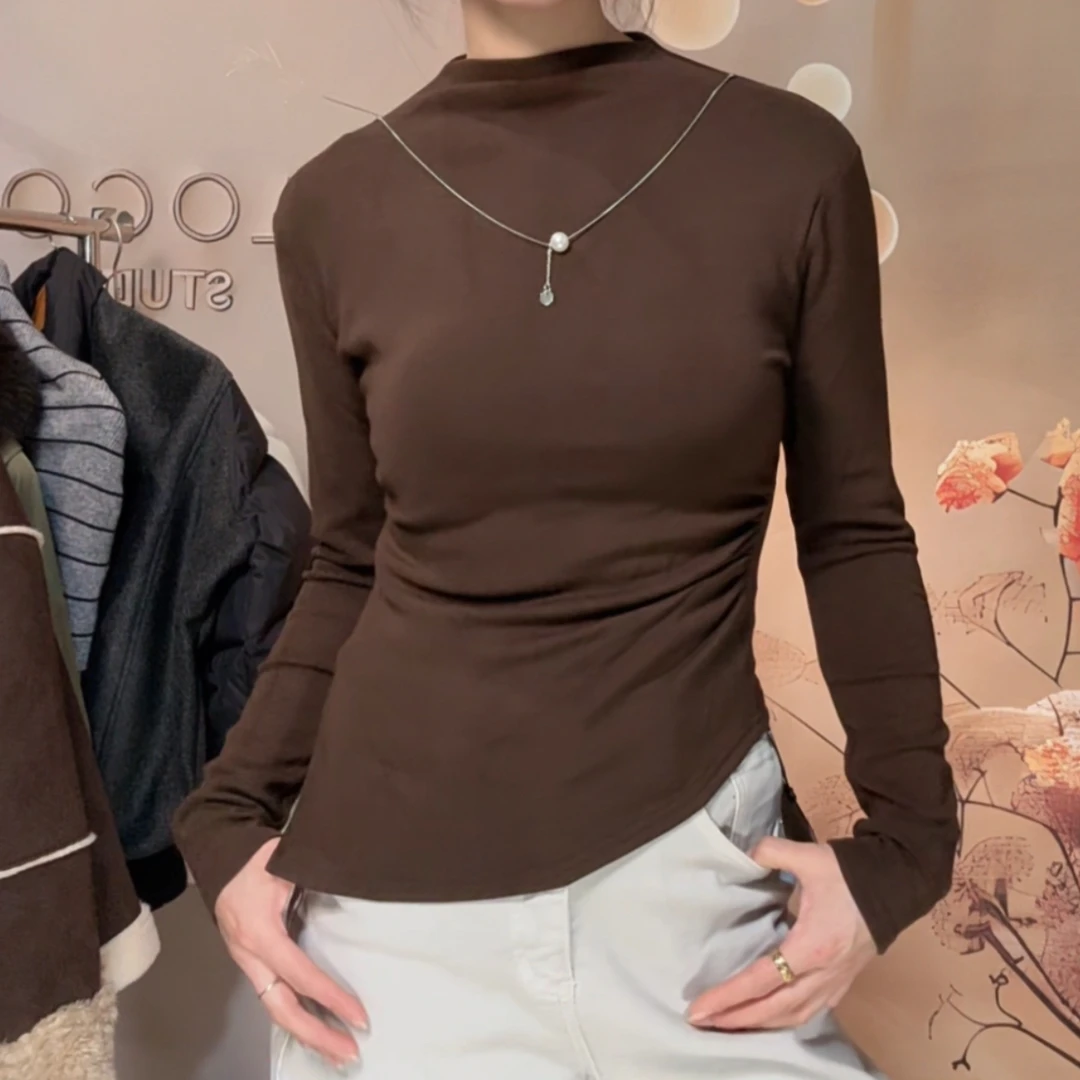 半高领磨毛长袖打底衫女修身不规则设计时尚洋气上衣