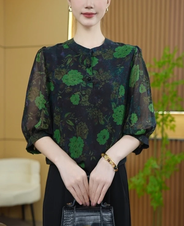 静谧花草新款时髦洋气优雅气质小衫显瘦百搭衬衣女8532