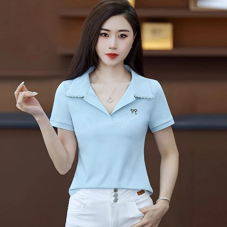 polo领白色短袖T恤女2025春夏新款修身小个子百搭洋气小个打底衫