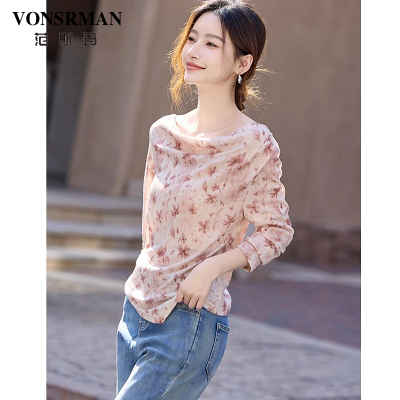 法式粉色印花长袖t恤女2025秋季新款时尚百搭设计感宽松显瘦上衣