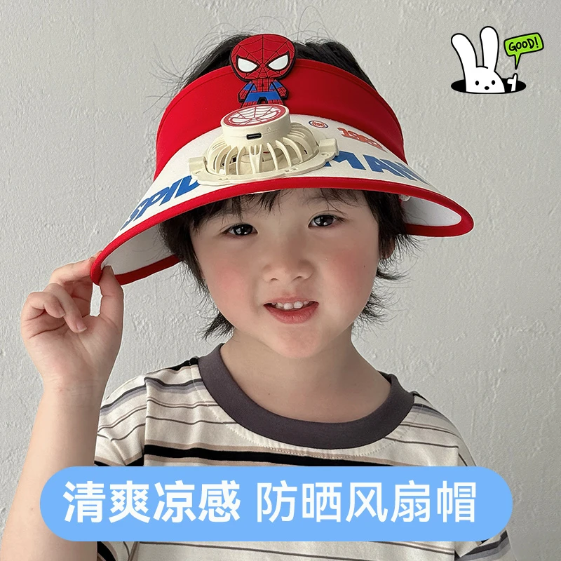 蜘蛛侠带风扇帽子户外遮阳帽大帽檐女童防晒帽夏季男孩女孩太阳帽
