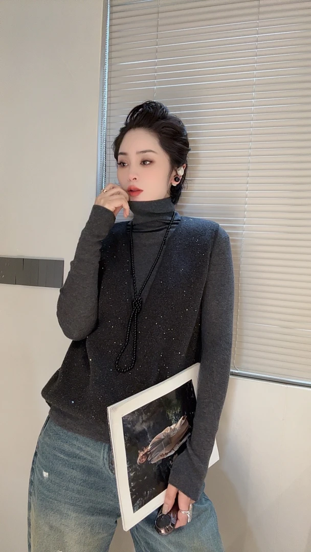 FANYE 2024年货简约轻奢满天星V领套头针织马甲
