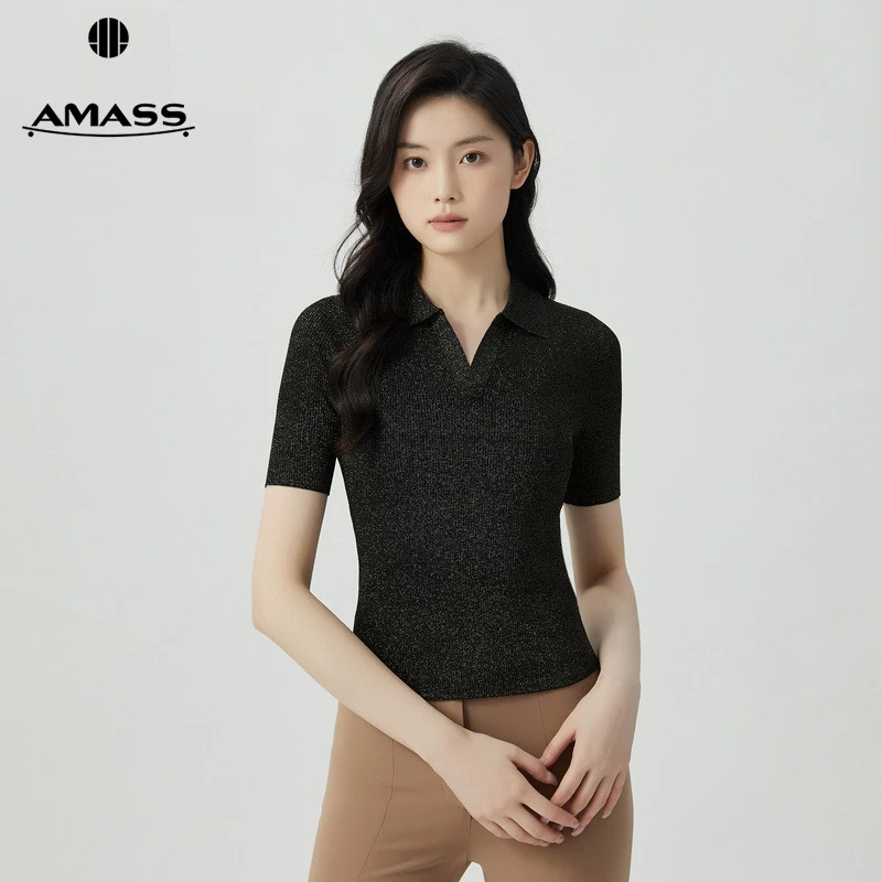 阿玛施AMASS新款女装blingbling细闪polo短袖V领针织衫女5399614