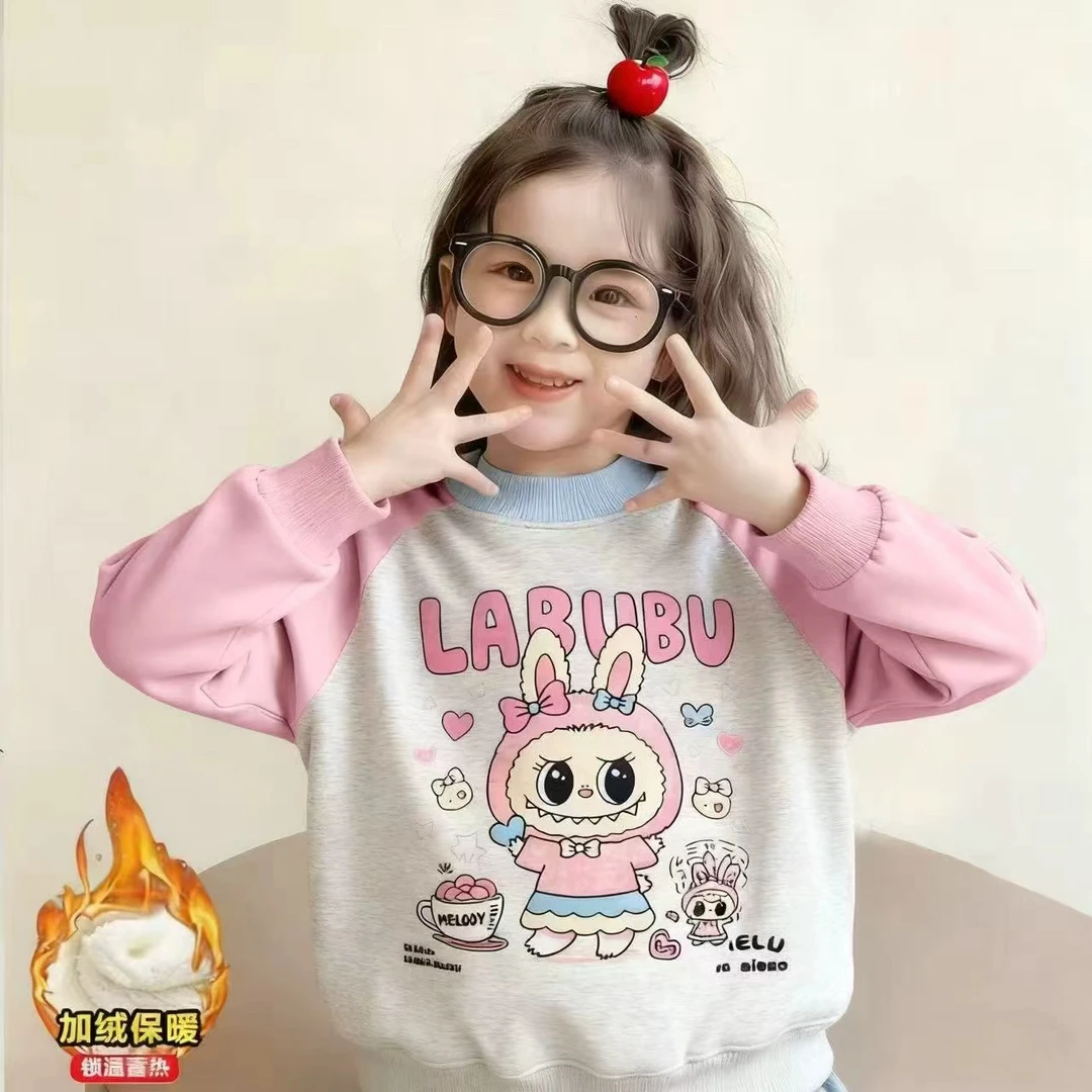 女童2025新款加绒加厚卫衣卡通印花插肩套头可爱上衣保暖