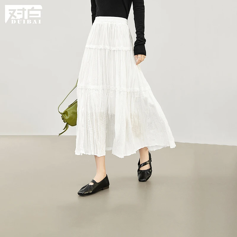 对白高腰花边拼接a字半身裙女2025秋季新款肌理感长款白色蛋糕裙