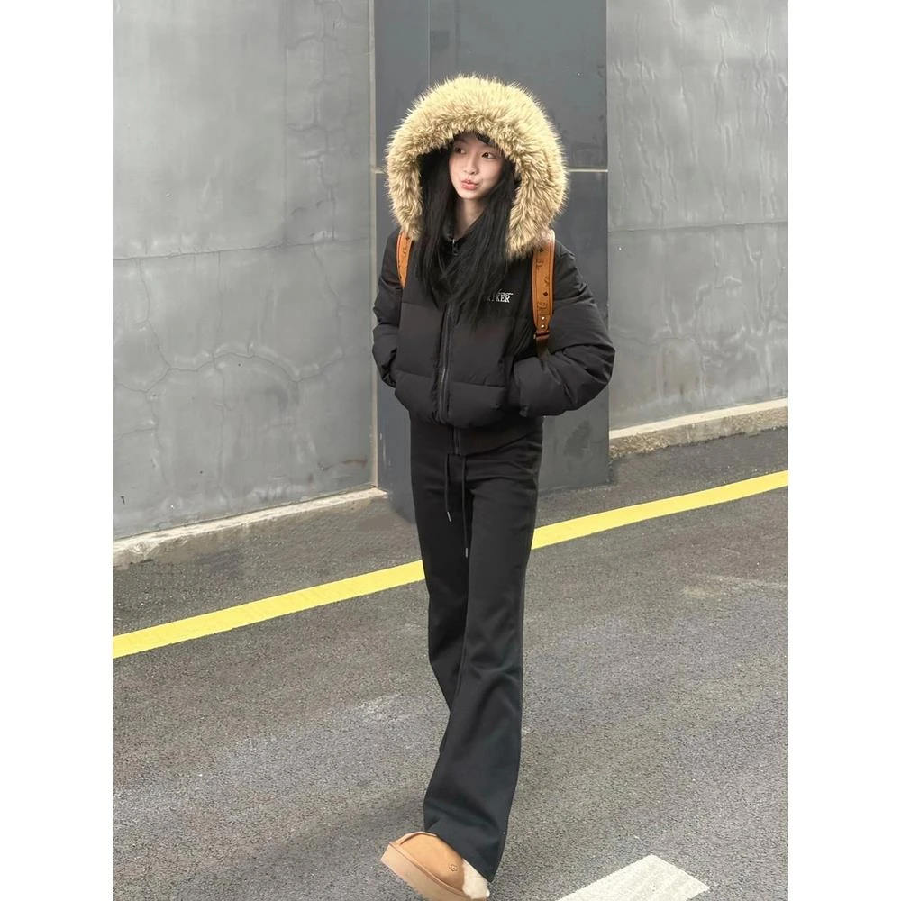 VOCKOO官方黑色大毛领短款羽绒服女冬季新款收腰显瘦90白鸭绒保暖