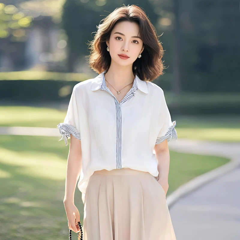 设计感时尚条纹撞色拼接短袖白衬衫女新款胖mm大码宽松休闲上衣夏