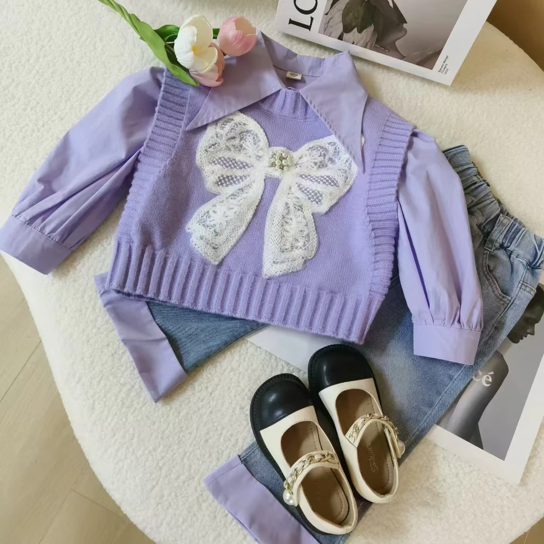 女童春秋款套装2025新儿童装洋气中童蝴蝶结针织马甲牛仔裤套装