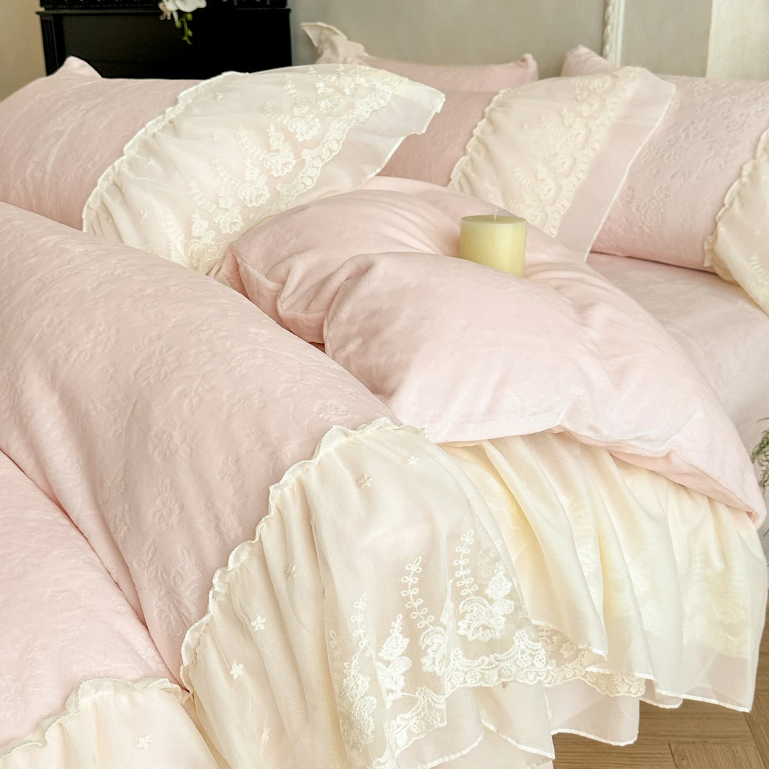 水星高端适用家纺法式公主风牛奶绒床上四件套大花边被套加厚珊瑚