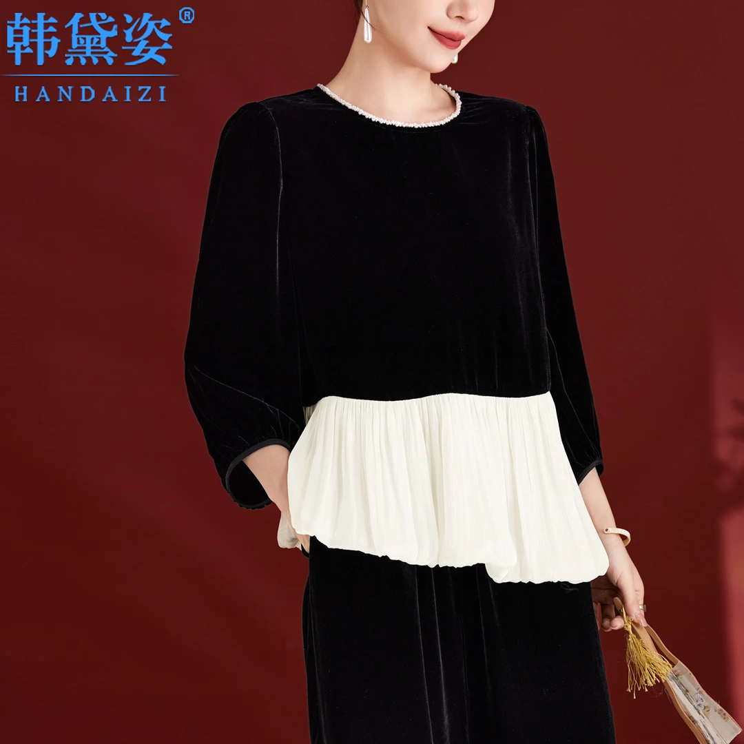 七分袖时尚拼接高端洋气真丝丝绒上衣女2025秋新款桑蚕丝减龄衬衣