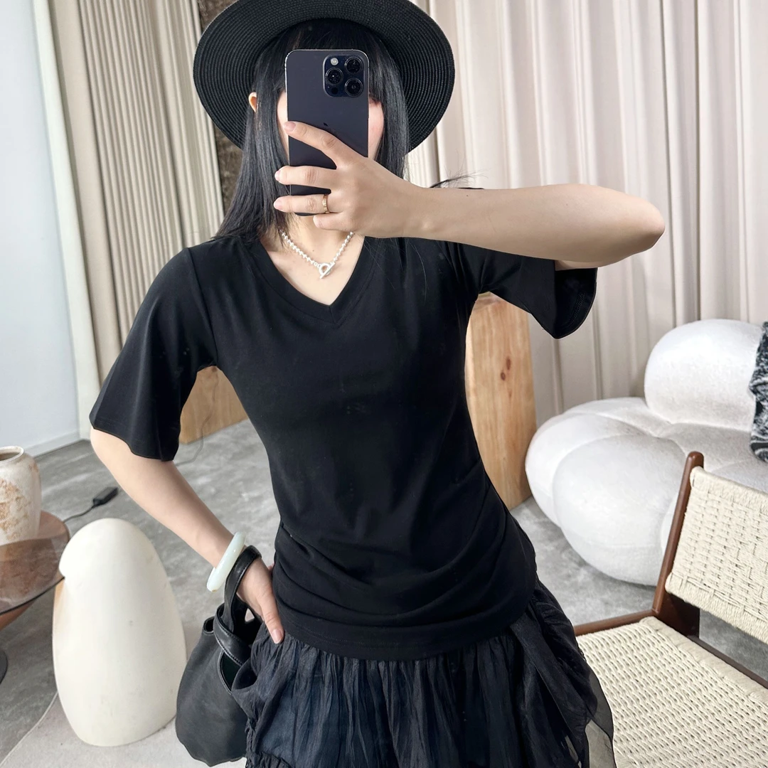 infobyfive2025夏季新款显瘦小蛮腰V领喇叭袖中袖T恤NF0504098