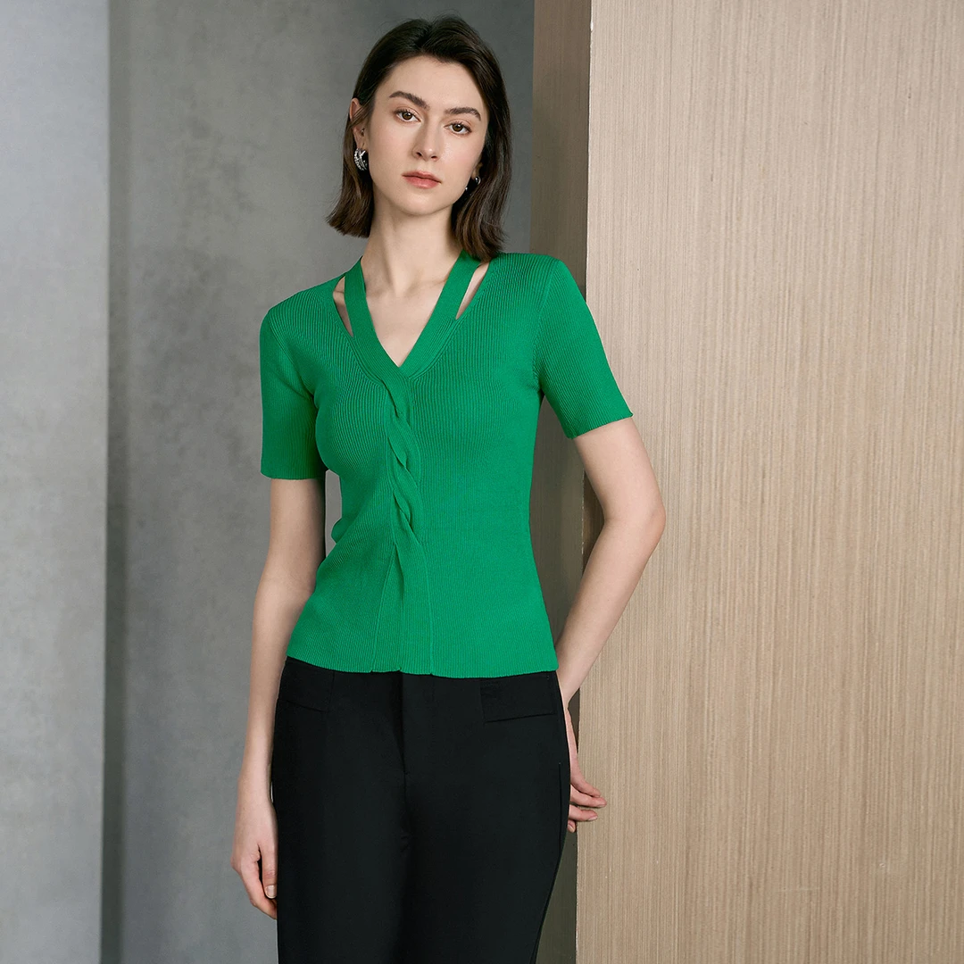 颜域绿色短袖V领针织衫女2025夏季新款显瘦百搭修身复古短袖上衣