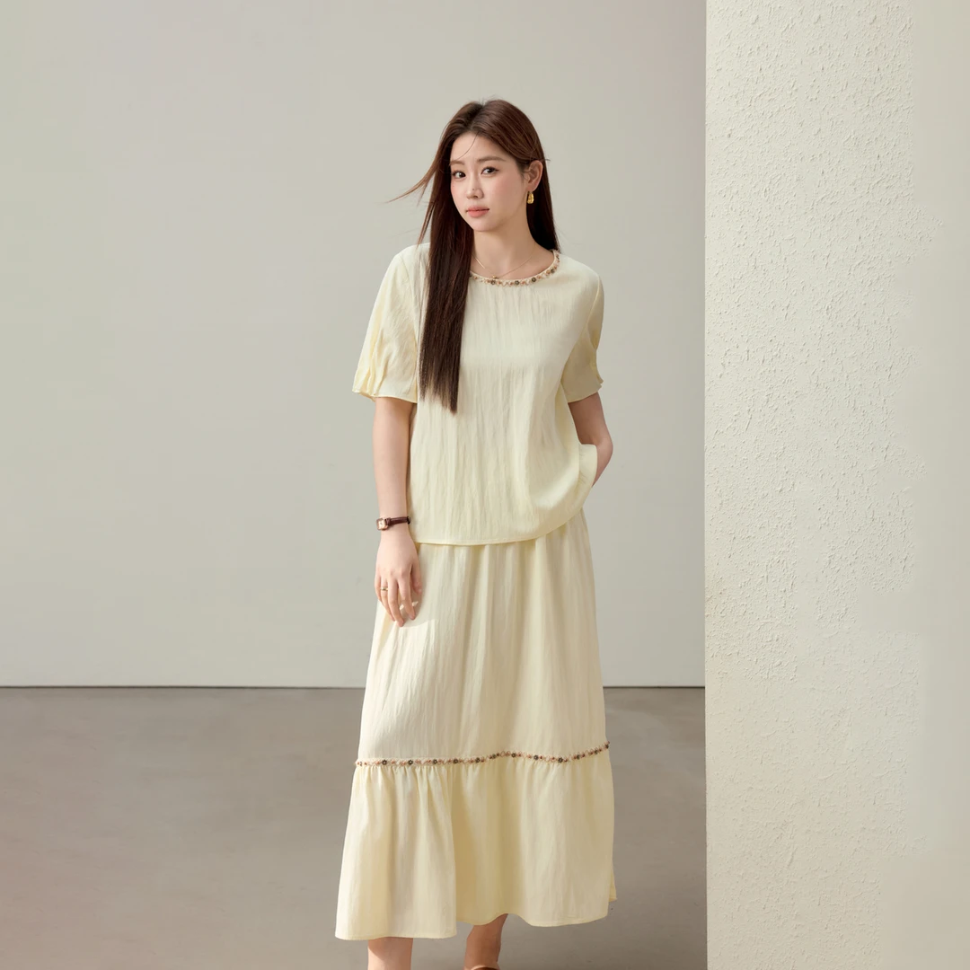 【温柔气质套装】纤莉秀W大码女装百搭显瘦T恤＋慵懒半身裙QK2055