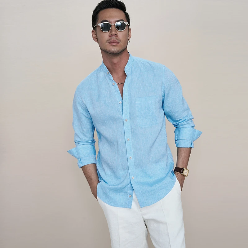 【jinkou高纱支雨露麻】2025男士小立领薄款长袖100%亚麻衬衫