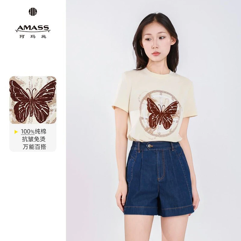 AMASS阿玛施夏季新款纯棉圆领休闲百搭蝴蝶印花短袖T恤上衣530082