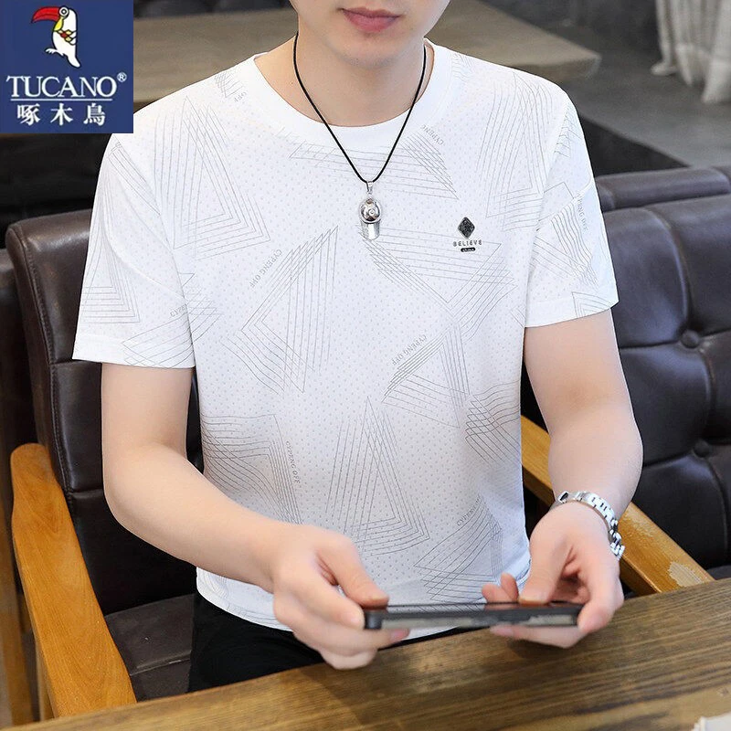 啄木鸟印花冰丝短袖T恤衫男青年夏季速干潮流半袖时尚体恤上衣男