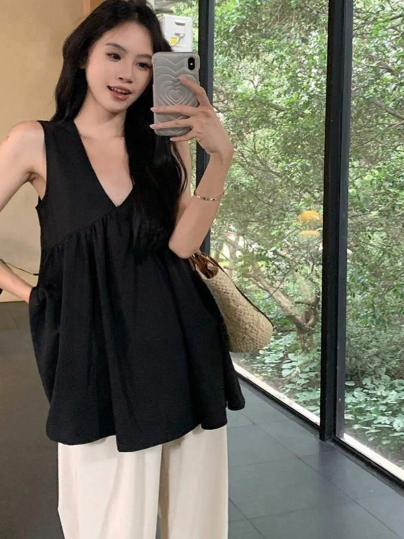 韩版净版上衣女2025夏气质V领褶皱百搭宽松通勤黑色小衫无袖背心