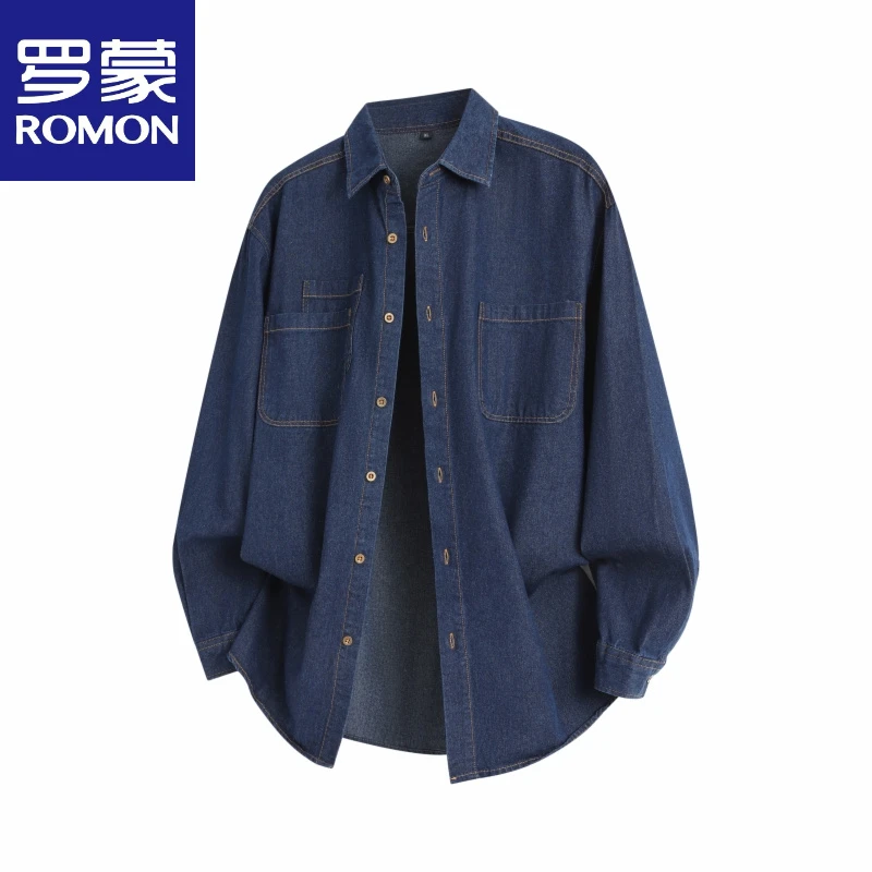 罗蒙春季新款美式复古水洗蓝宽松牛仔翻领长袖衬衫潮流夹克百搭