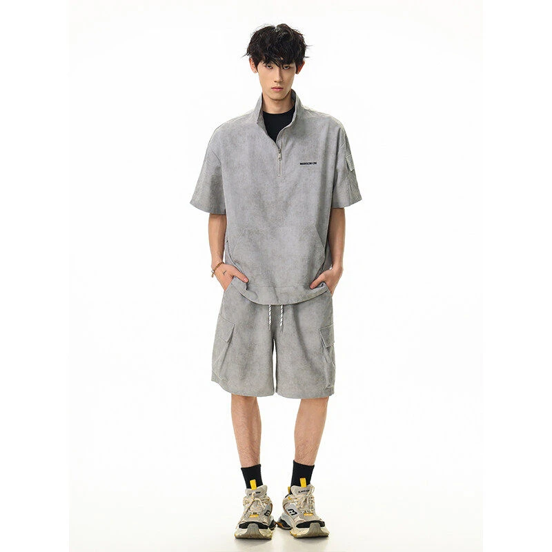 citiboy半拉链扎染休闲套装男夏季宽松运动短袖短裤穿搭两件套潮