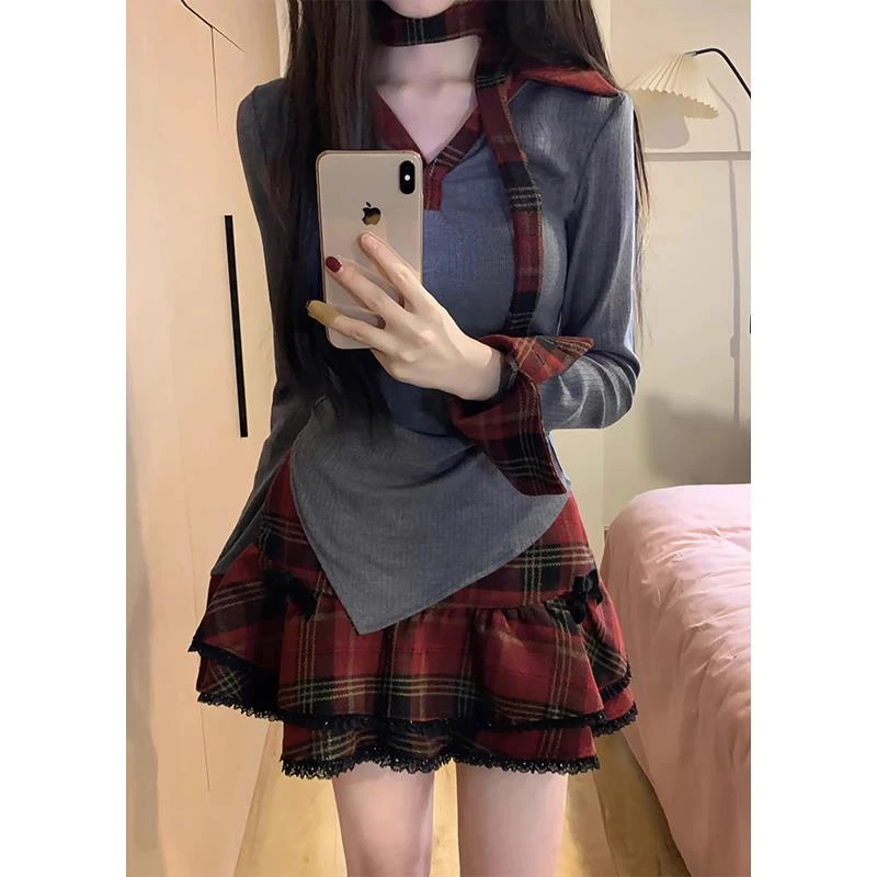 新年穿搭美式甜辣妹格子连衣裙女2025秋冬搭配一整套蓬蓬短裙套装