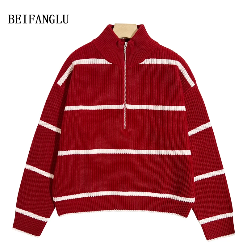 【北方鹿】氛围红法式条纹秋冬气质拉链立领套头条纹羊毛毛衣女6518