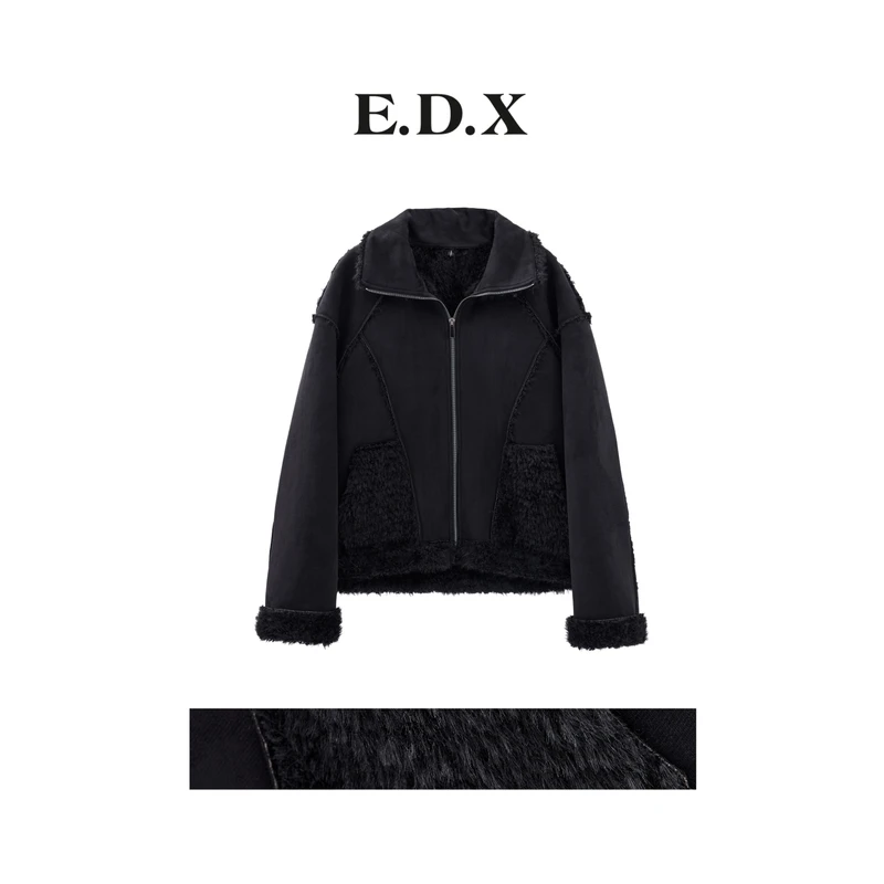 EDX秋冬原创设计感小众毛毛上衣夹克女短款宽松显瘦短款外套KH039