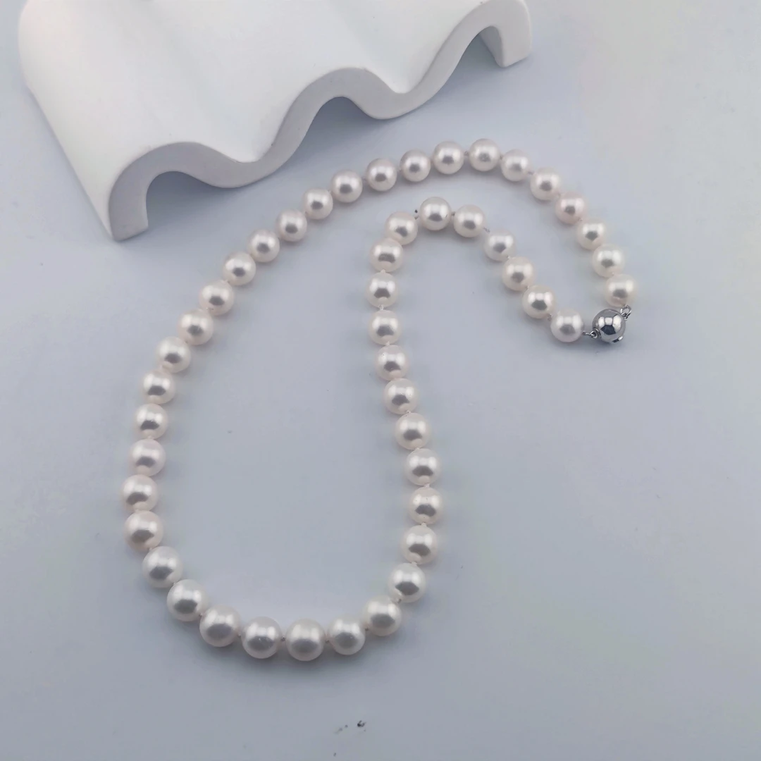 9-10mm天然淡水无核珍珠项链妈妈链S925银扣头