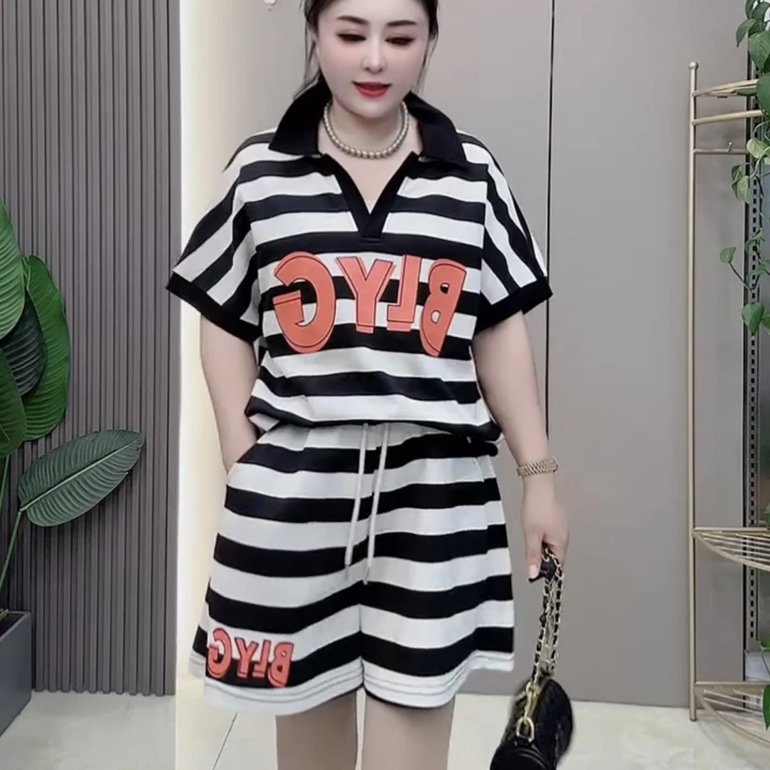 6101*大码夏季时尚条纹短袖短裤休闲运动套装女洋气减龄宽松款式