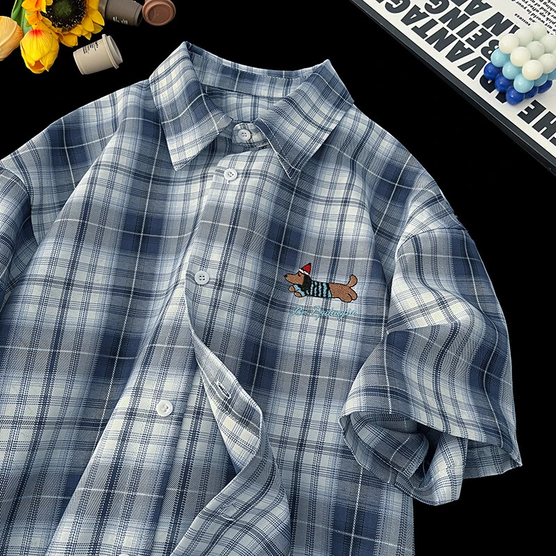 7seven 夏季刺绣logo经典格纹印花多款短袖衬衫百搭宽松衬衣