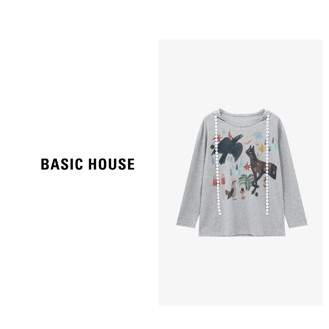 Basic House/百家好秋季老钱风松弛感女装连帽女T恤-B0625B5JYL2