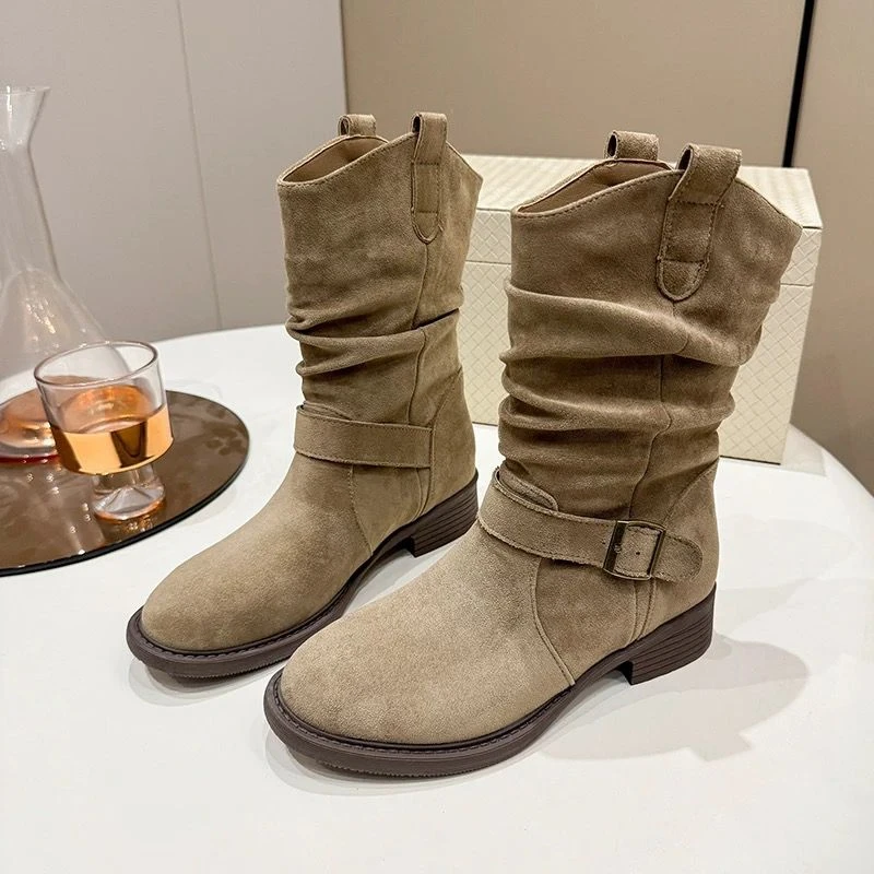 秋冬新款平跟圆头加绒短靴短筒靴子女