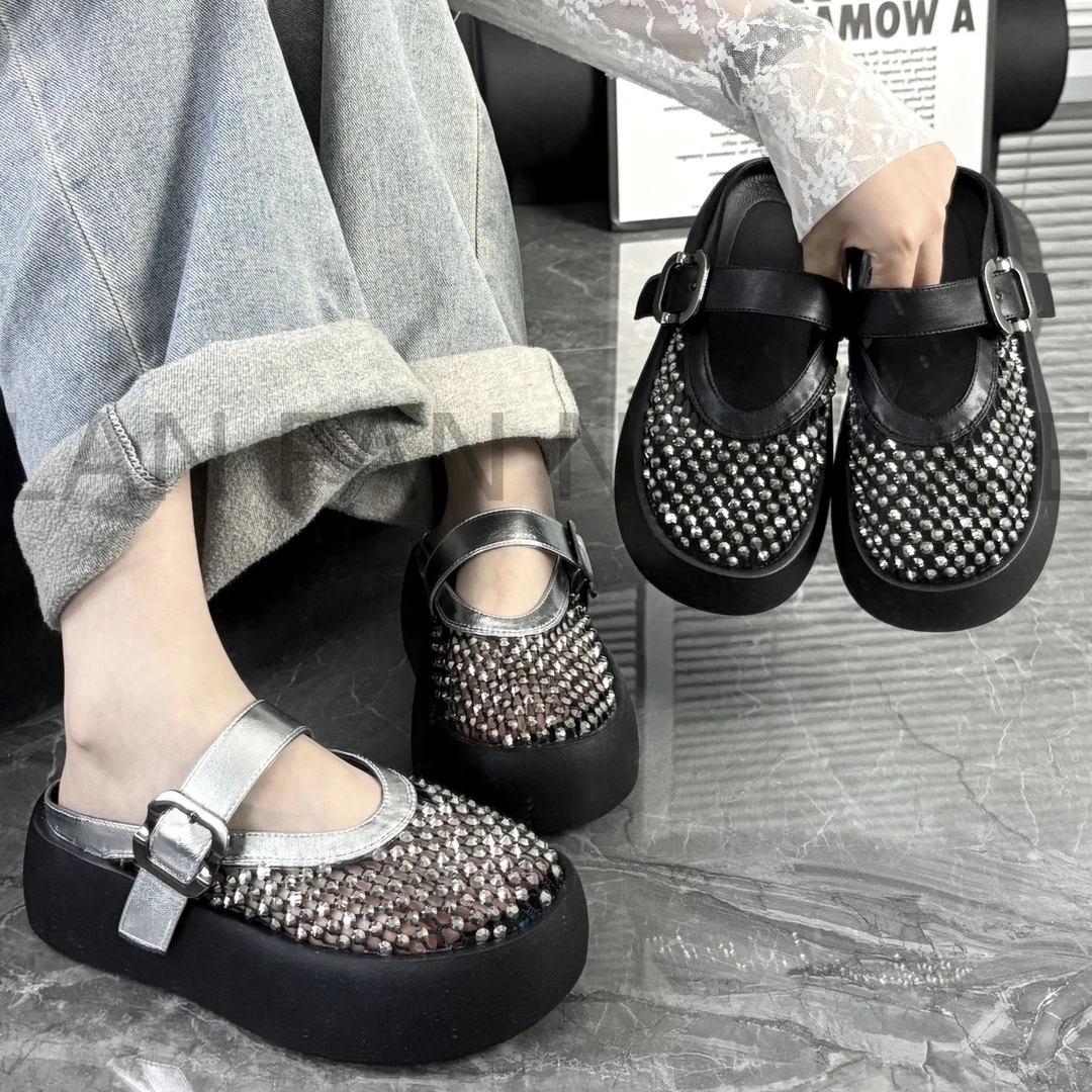 2025年夏季女款亮钻拖鞋轻职风公主松糕底法式透气网面包头20-692