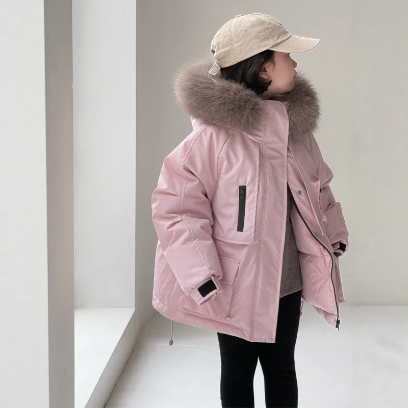 女装工装冲锋衣羽绒服冬季儿童大毛领加厚保暖白鸭绒外套