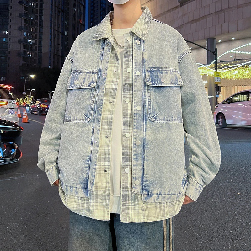 春秋季男士牛仔外套潮流帅气翻领潮牌拼接夹克上衣服个性痞帅褂子