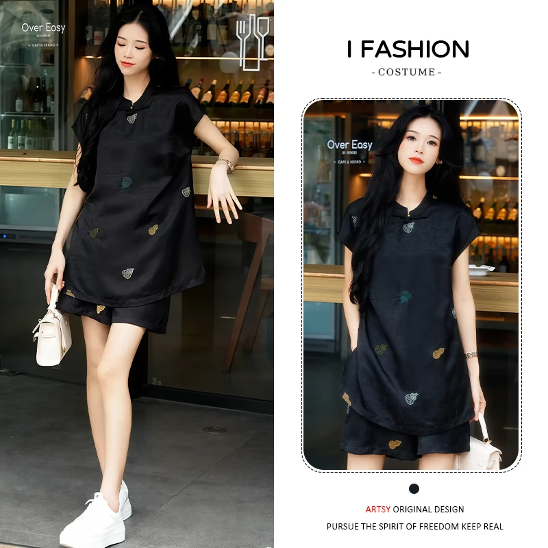 绣花洋气时尚显瘦套装女2025年夏季新款休闲上衣阔腿短裤两件套潮