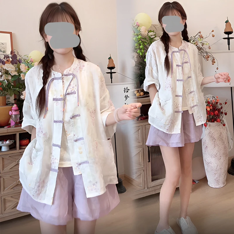 新中式气质套装女夏季轻薄百搭气质碎花上衣显瘦小众高腰阔腿短裤