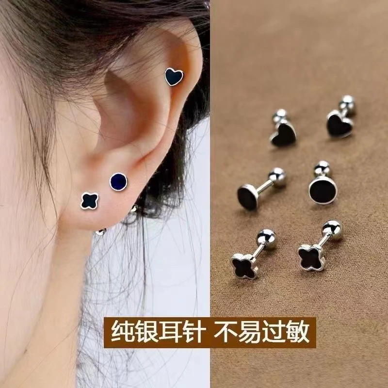养耳洞s925纯银小耳钉女螺丝拧扣耳钉滴油小众设计免摘防丢耳骨钉