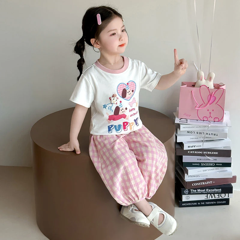 女童夏季卡通短袖T恤套装2025新款儿童格子防蚊裤两件套宝宝夏装