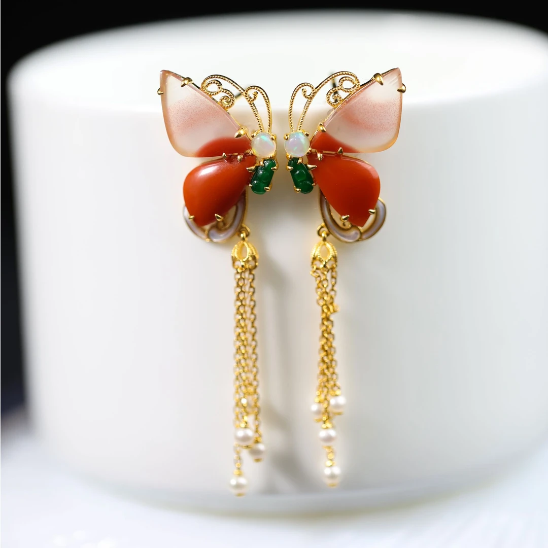 【漆园蝶】原创国风新中式定制珠宝18k金镶嵌南红蝴蝶耳饰