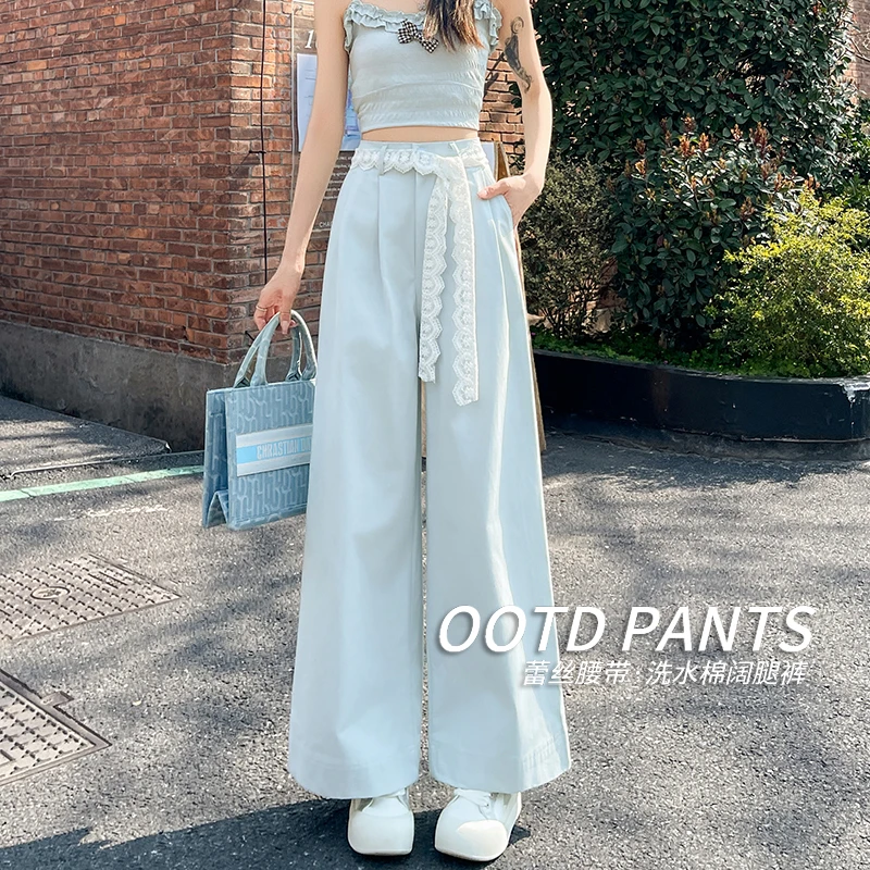 韩系蕾丝飘带洗水棉休闲阔腿裤女夏季新款高腰宽松气质直筒九分裤