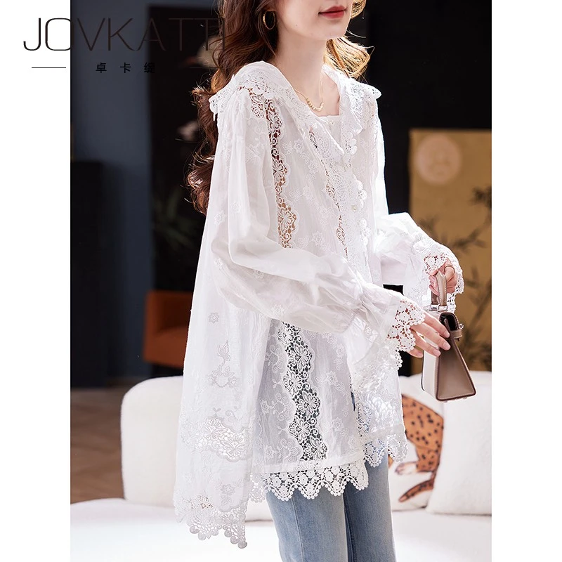 Jovkatti中长款刺绣镂空衬衫2025夏季韩版宽松百搭大码衬衣外套