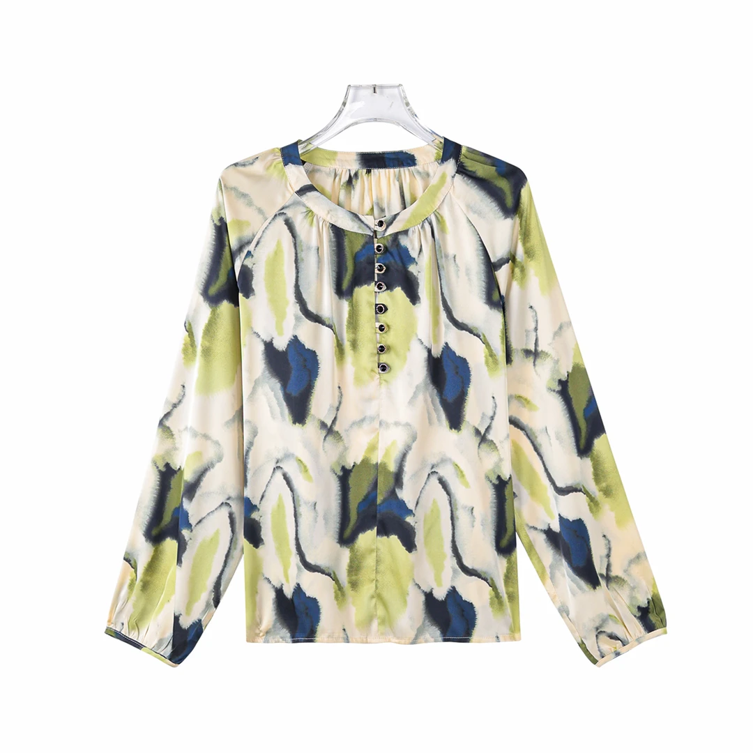 X26190时尚复古气质圆领钉珠单排扣扎染简约衬衫